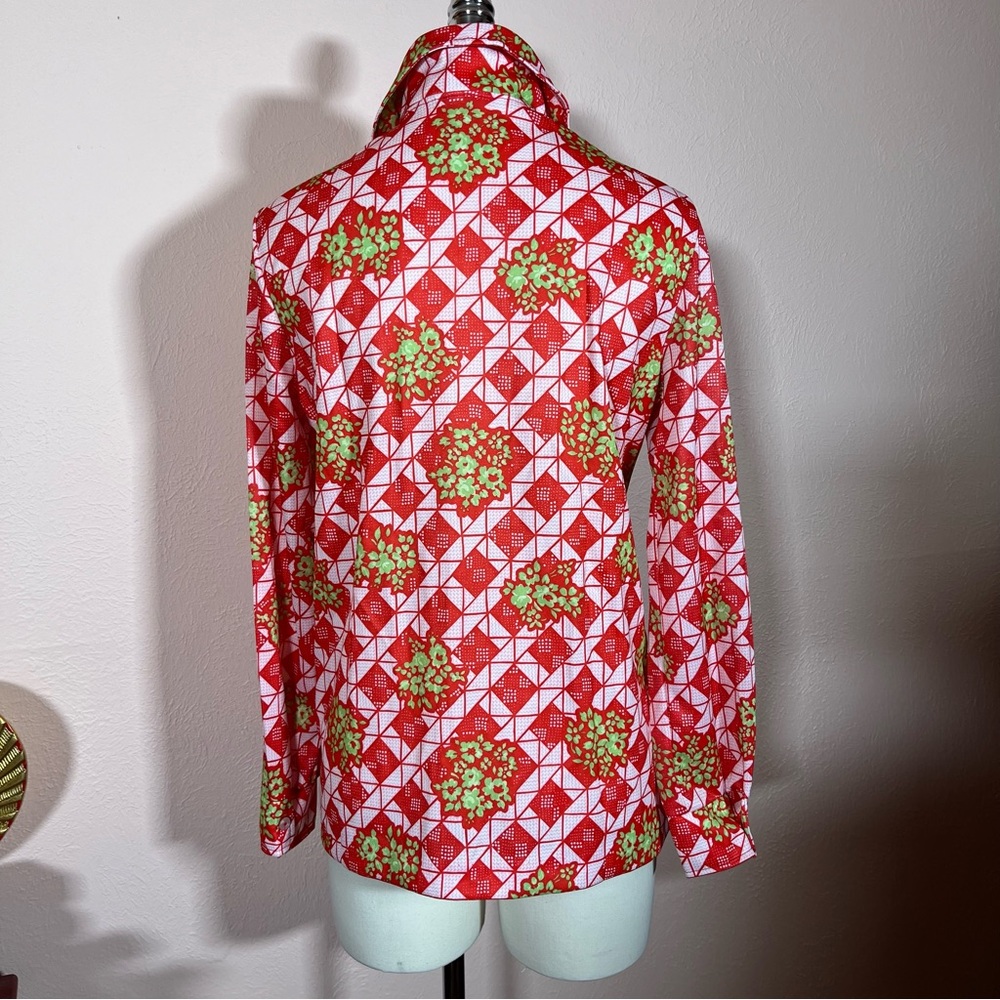 Vintage 1960 70 Western Red Green Gingham wild Print floral Dagger Collar Shirt - Picture 5 of 17